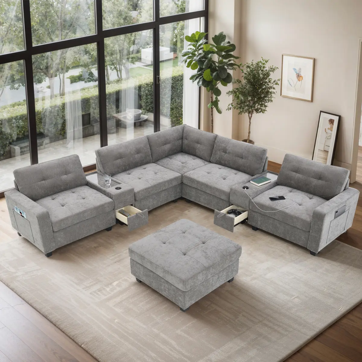 Aobtkel 104" U-Shaped Modular Sectional Couch (Couches for Living Room), 6-Seat Chenille Fabric Sofa with Movable Ottoman, 2 Storage Consoles, Wireless & USB Charging, Acrylic Table Tops, Side Pockets, Tufted Texture, Modern Home Decor, Gray
