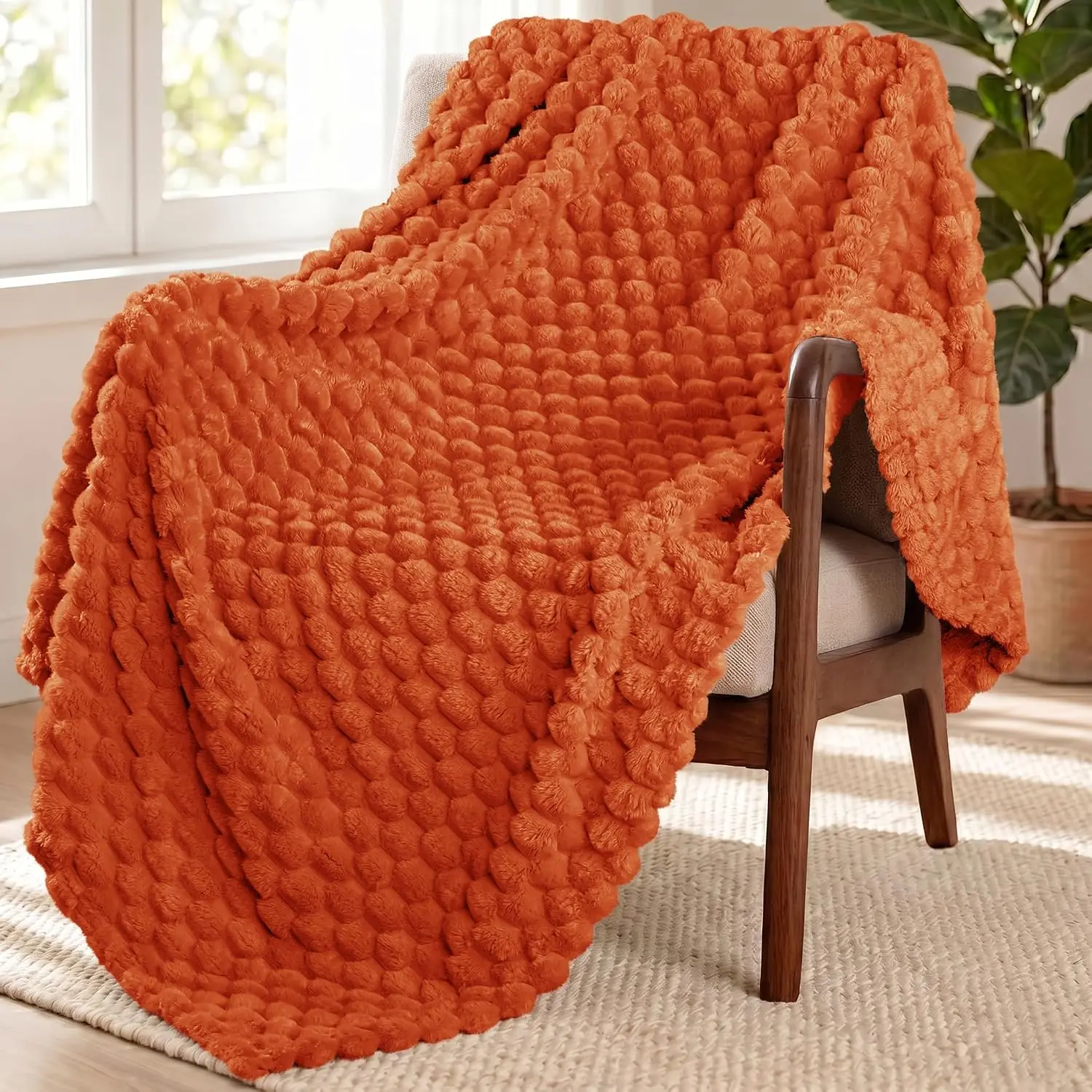 Large 3D Fleece Throw Blanket for Couch, Burnt Orange| Soft Fuzzy Plush Lightweight Throws, Cozy Decorative for All, 50x70 Inches