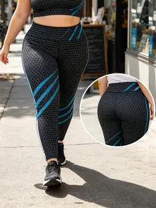 Plus-size women’s grey hexagonal check and blue multi-stripe print leggings; stylish, unique high-waisted fitness leggings for everyday wear; summer high-stretch, high-waisted leggings that are comfortable, figure-flattering and not too tight;
