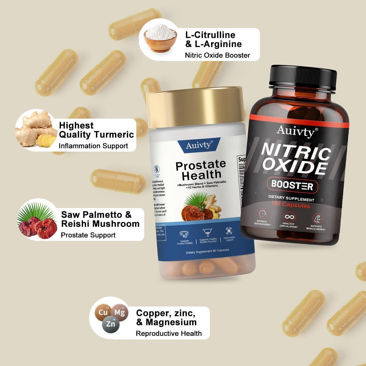 Ultimate Men's Health Bundle - Auivty - Nitric Oxide Booster 100ct + Prostate Health 90ct - Natural Supplement Capsules - Support Blood Circulation & Prostate Health