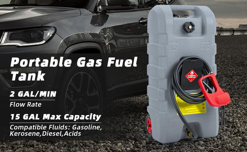 【GARVEE】15 Gallon Portable Fuel Caddy with 10-ft Hose, Siphon Pump, and 7.5 L/min Manual Nozzle, Available in Gray, Red, and Yellow for Efficient Fuel Transfer and Storage.