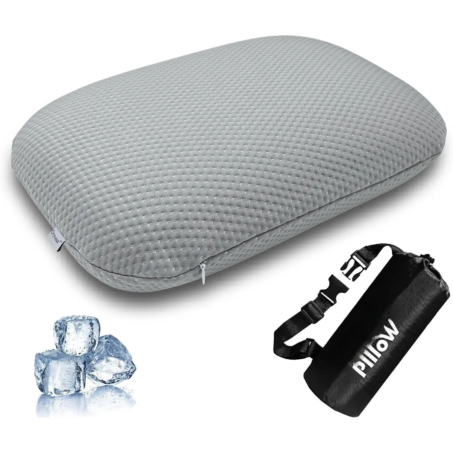 Cooling Camping Pillow, Memory  Travel Pillow with Adjustable Buckle Strap & Storage Bag, Compact Small Pillow for Airplane,  , Office, Washable Cooling Cover, Quarry Grey