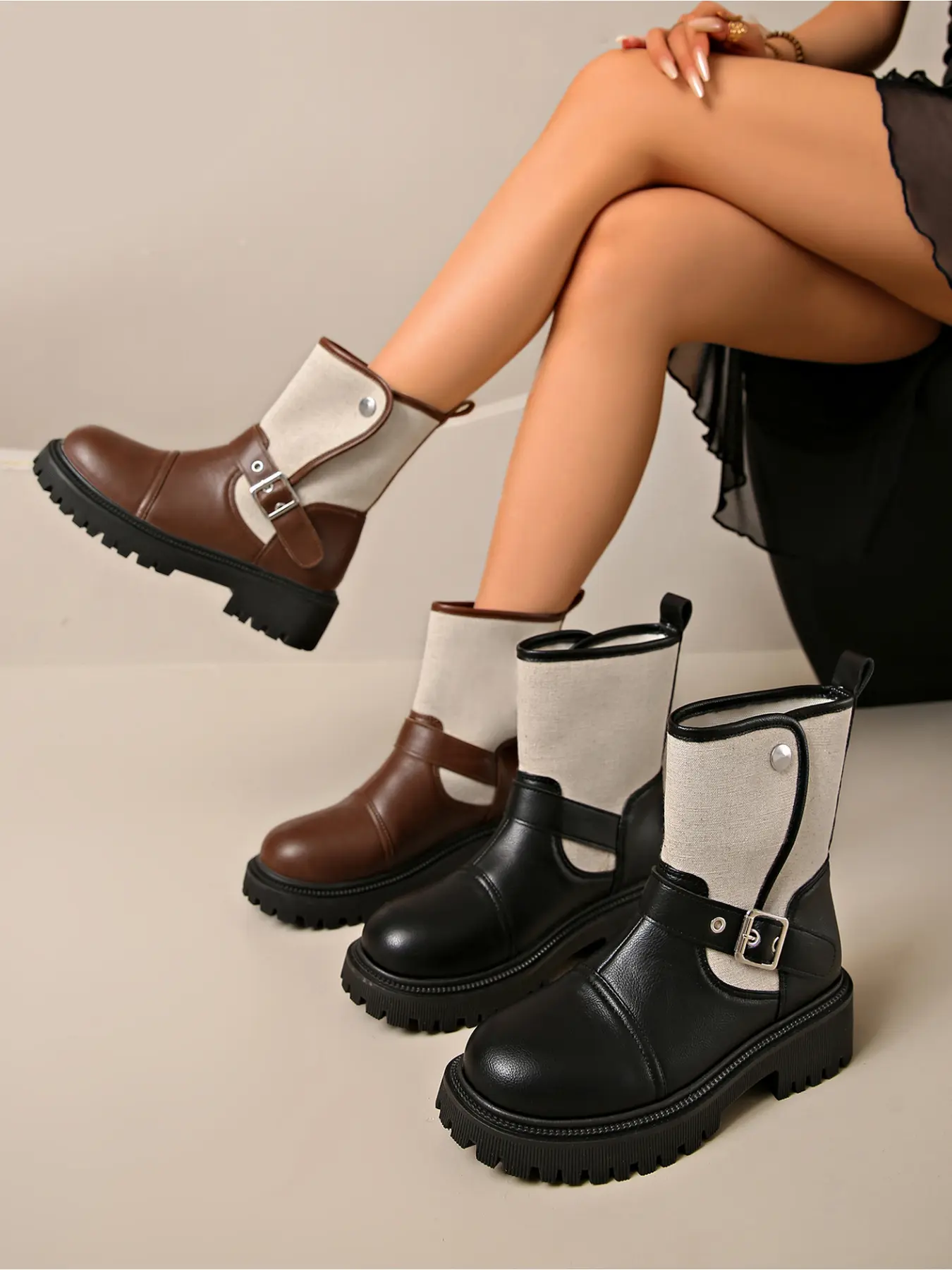 Ladies Retro Spliced Leather Canvas Boots Chunky Platform Moto Boots