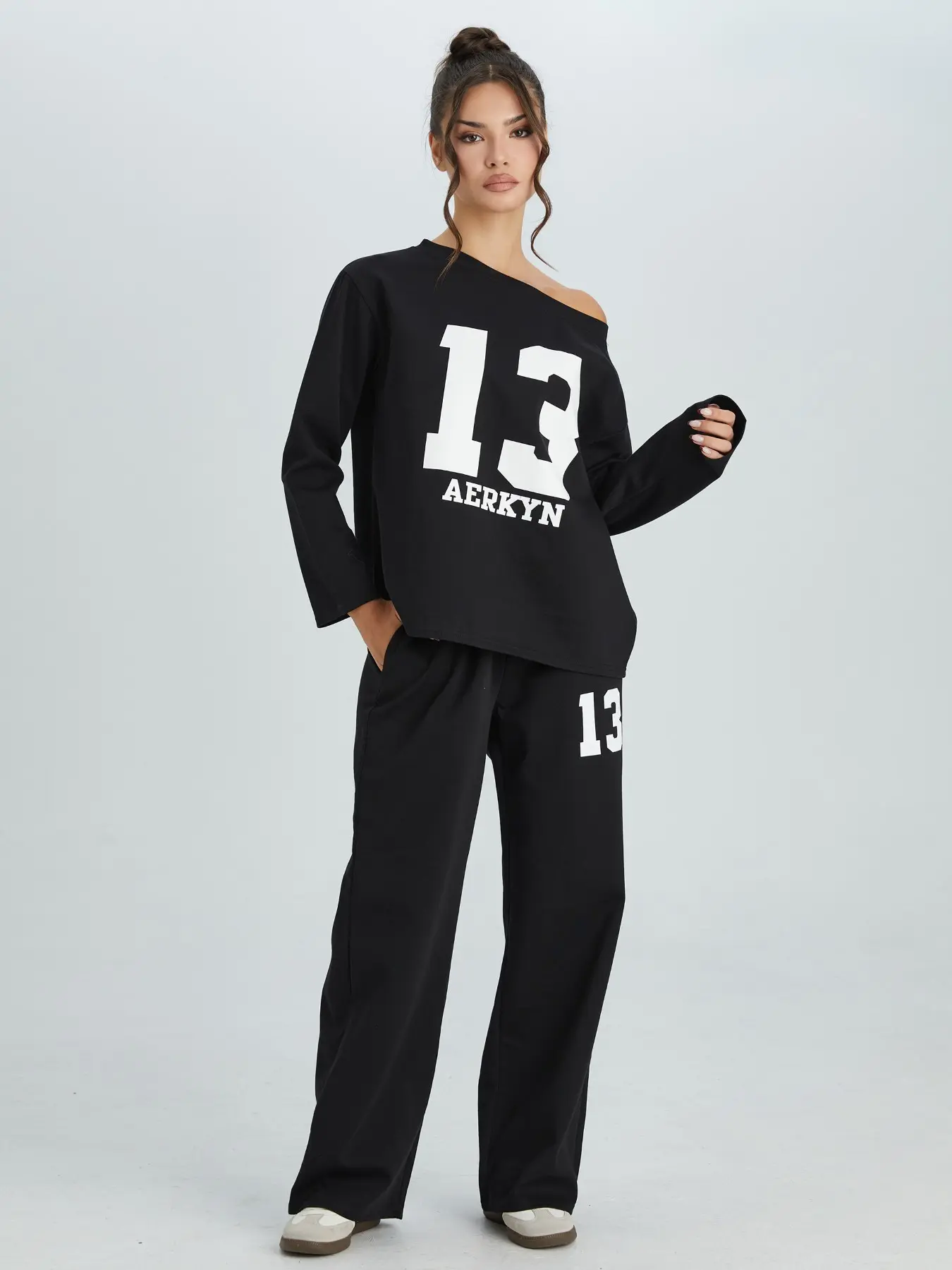 Women's Casual Asymmetrical Shoulder Letter Print Long Sleeve Top and Wide Leg Pants Set, Versatile Loose Sports, Anti-Pilling Soft Minimalist Two-Piece Set #TikTokMadeMeBuyIt #CasualChic#MatchingSet