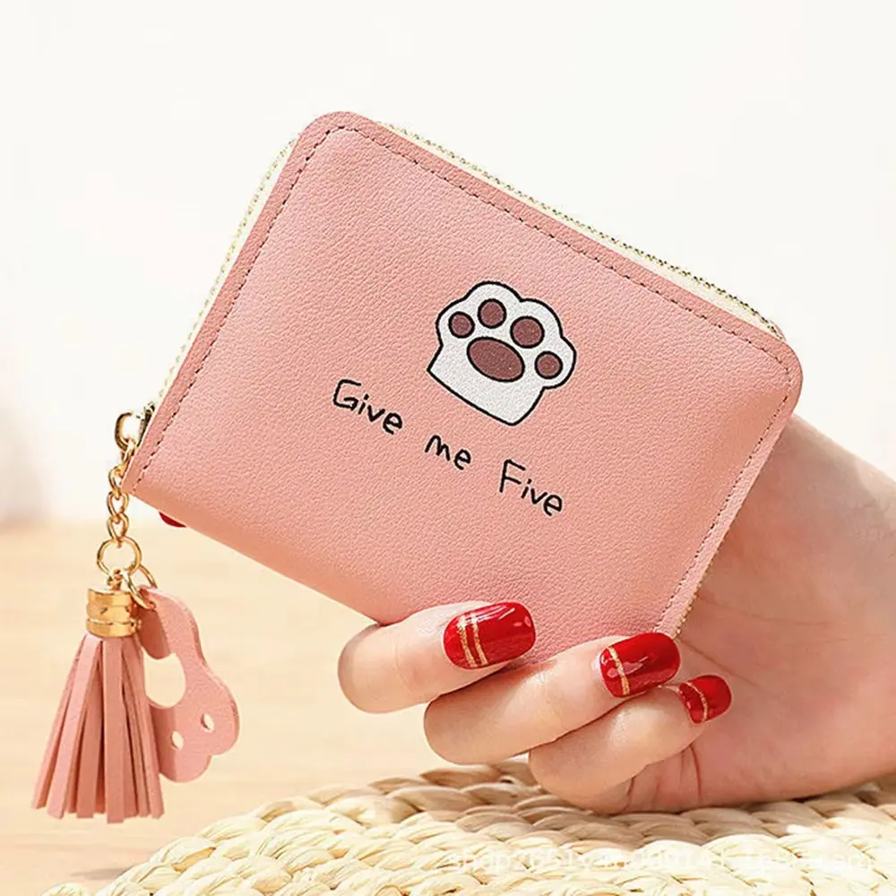 Minimalist Paw Print Mini Wallet, Soft Faux Leather Foldable Purse for Pet Lovers with Tassel Keychain and Multiple Compartments, Long Wallet, Multi-Function, All Over Print, Anti-Theft, Cold Wash, Wallets For Women, Hangable
