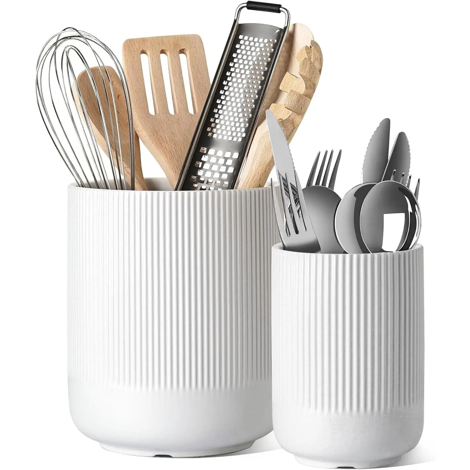 Utensil Holder for Kitchen Counter, 7.3"+5.4" Fluted Ceramic Utensil Crock Organizer for Countertop, Heavy Large Holder for Spatulas, Spoons, Set of 2, White, Kitchen Counter Decor