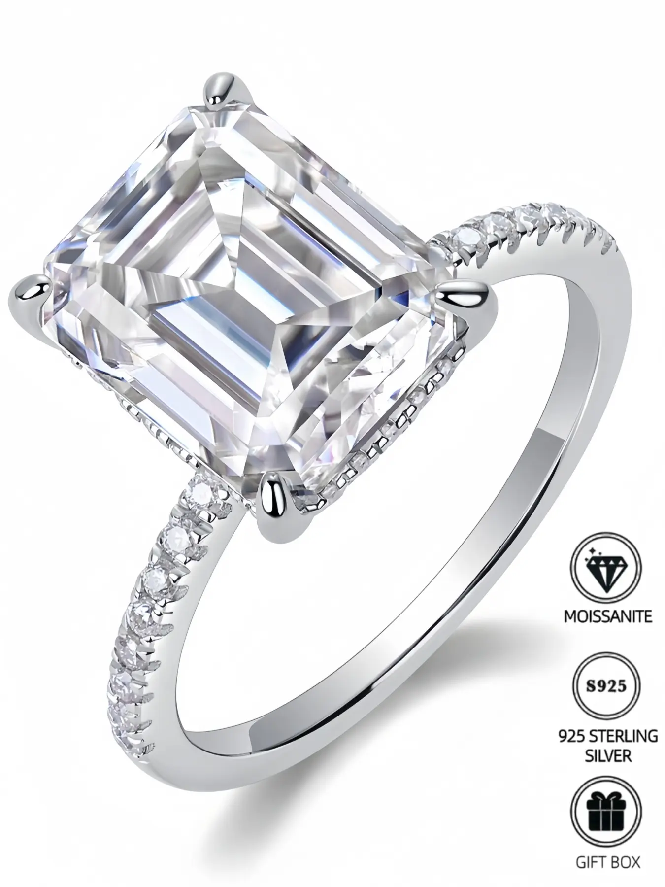 Chic Eye-Catching Emerald-Cut Moissanite Statement Ring for Women, 925 Sterling Silver, D-Color VVS1 Clarity, Pave Band, Hypoallergenic, Slender-Looking Fingers, Gift Box—Ideal for Daily Wear/Party/Gift-Giving