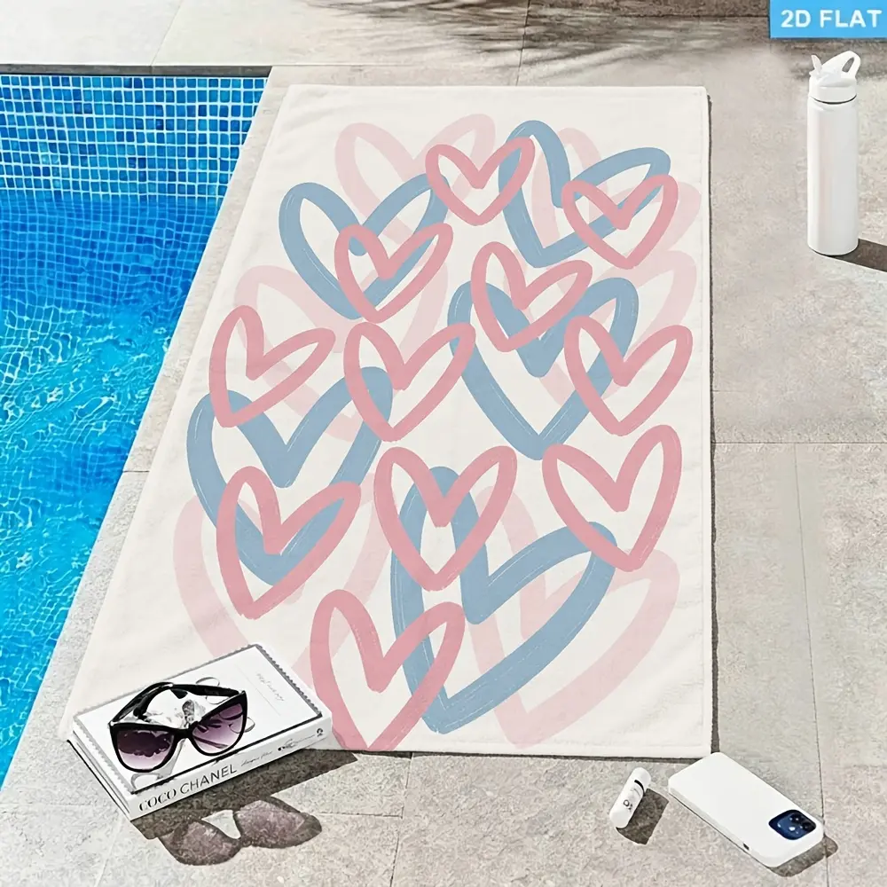 1pc Beach Towel, Overlapping Pink and Blue Brushstroke Hearts Design, Soft Absorbent Material, Ideal Romantic Gift for Lovers and Beachgoers, Adds Playful Sweet Charm to Your Seaside Setup, Faderesistant and Large Enough for Full Coverage, a Tender
