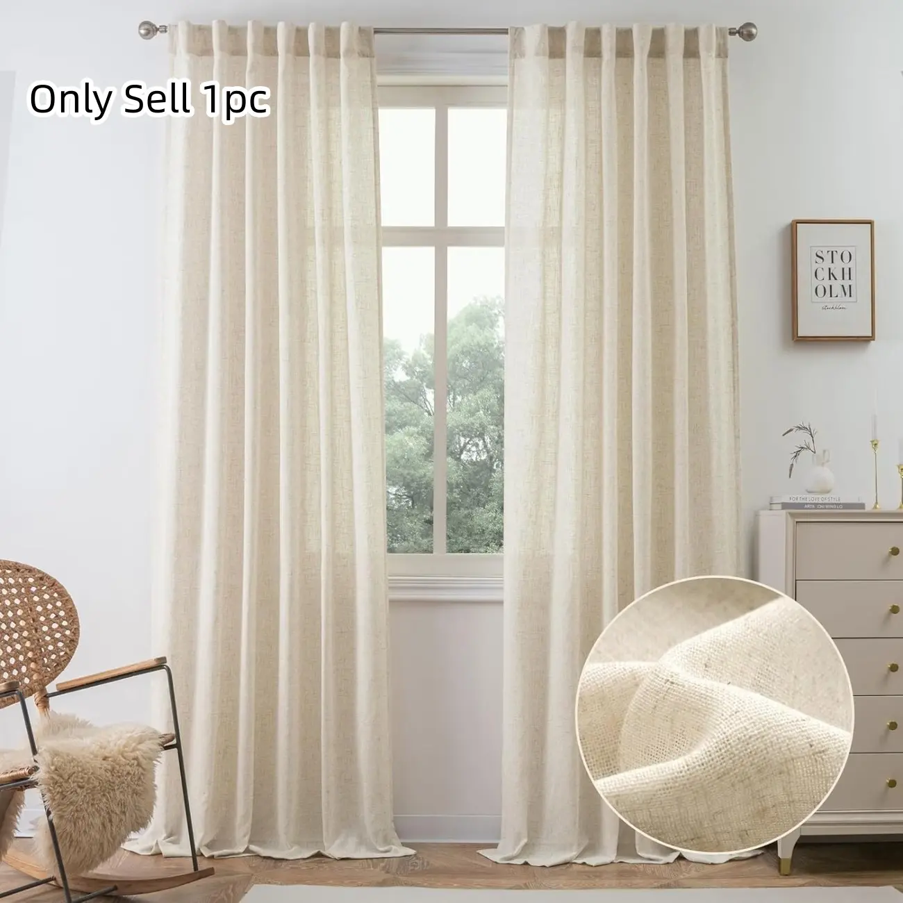 1pc Linen Drapes, Boho Style, Light Filtering, Neutral Color, Semi-Transparent Curtains, Ideal for Living Room Decor, Home Decoration