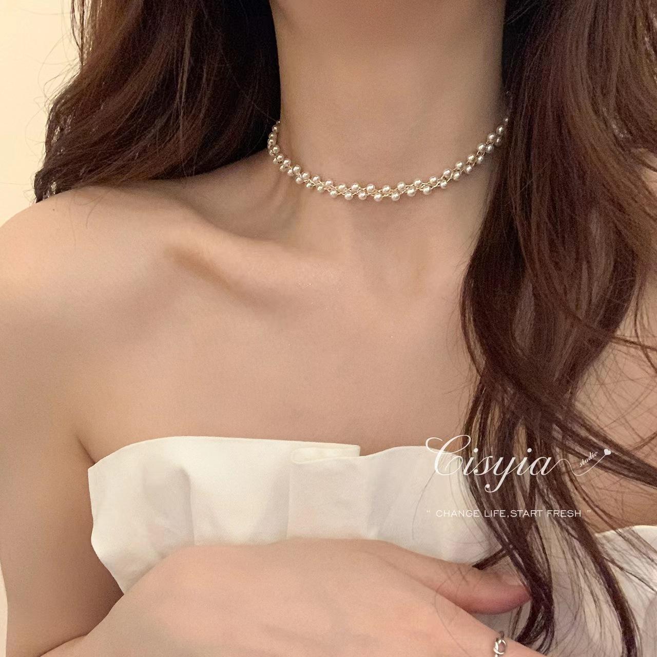 Hand Braided Black Crystal White Pearl Choker | Women’s Light Luxury Personalized Elegant Neck Jewelry | Everyday Style Collarbone Chain evry jewels day collar chainmail Necklace Rosary Bead