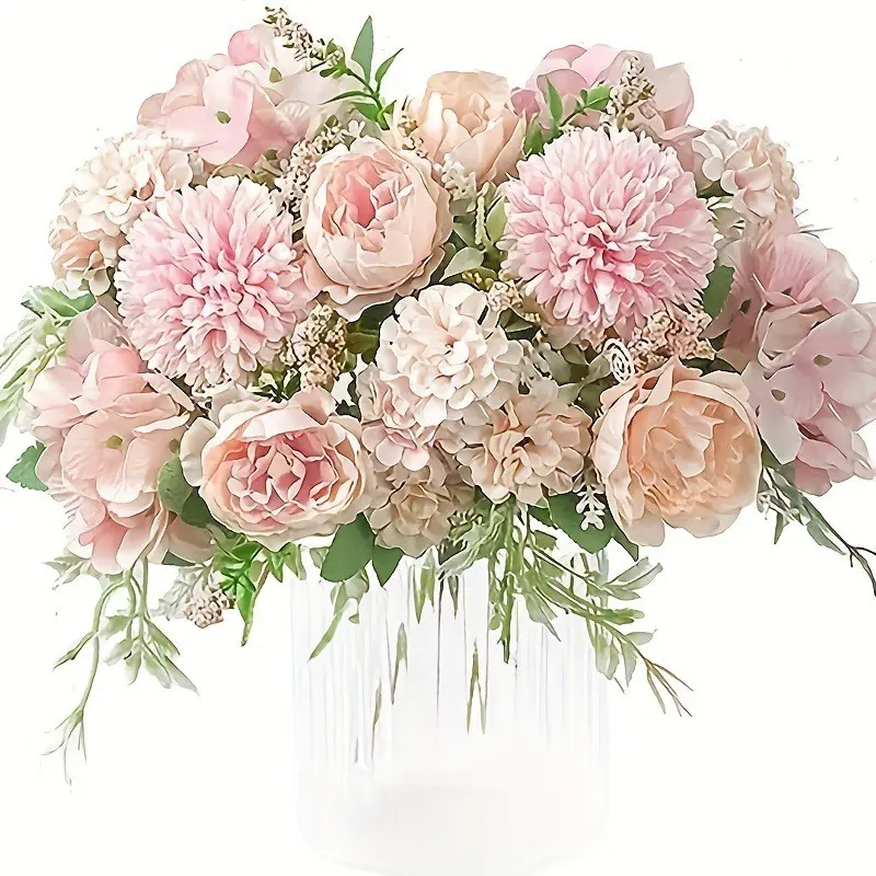 Artificial Flowers, 2 Pack Fake Peony Silk Hydrangea Bouquet Decor Plastic Carnations Daisy Realistic Flower Arrangements Wedding Decoration Table Centerpieces,for Home Office Party Decor (Pink)