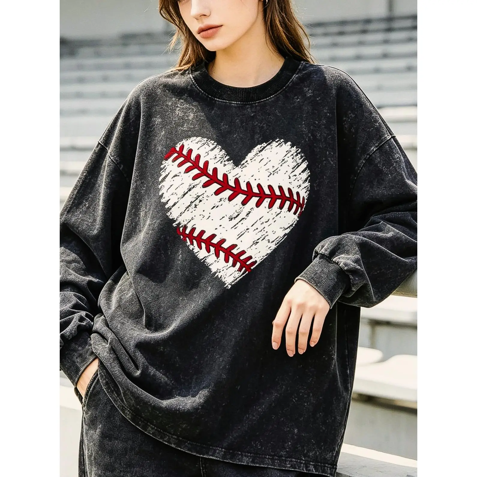Comfy Distressed Heart Baseball Sweatshirt, Women's Baseball Sweatshirt, Baseball Mama Sweatshirt, Game Day Baseball Tee, Cute Baseball Lover Sweatshirt