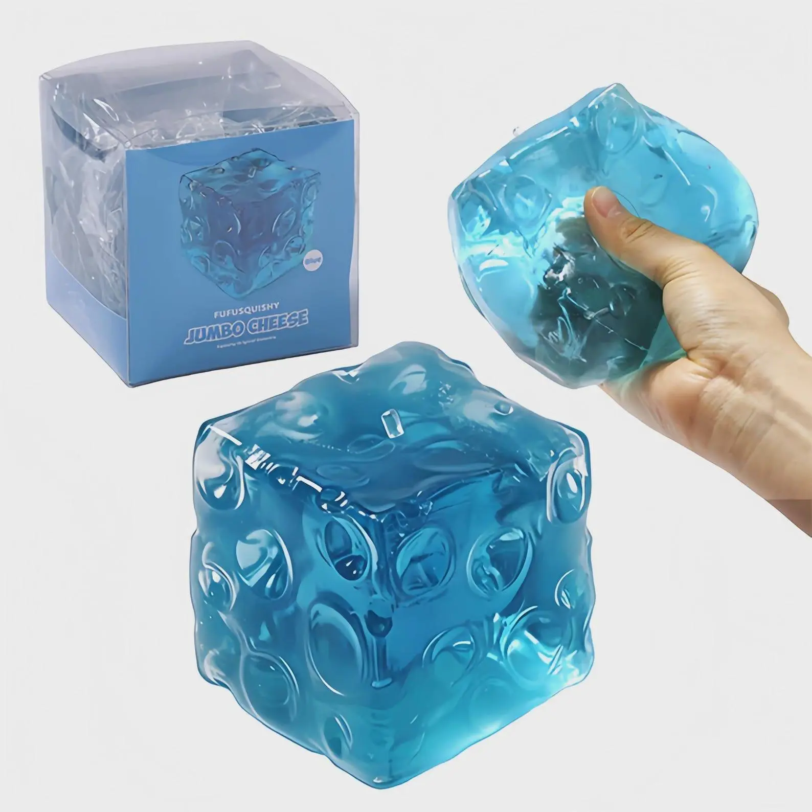 Blue Crystal Jumbo Cube Squishy Fidget Toy - Sensory Stress Reliever, Stress Relief Tool, Playful Squeeze Toy for 3+ Years Old Kids, Unisex Party Favor with Pink-Yellow Cheese Gift Boxes, Collectible Display Item