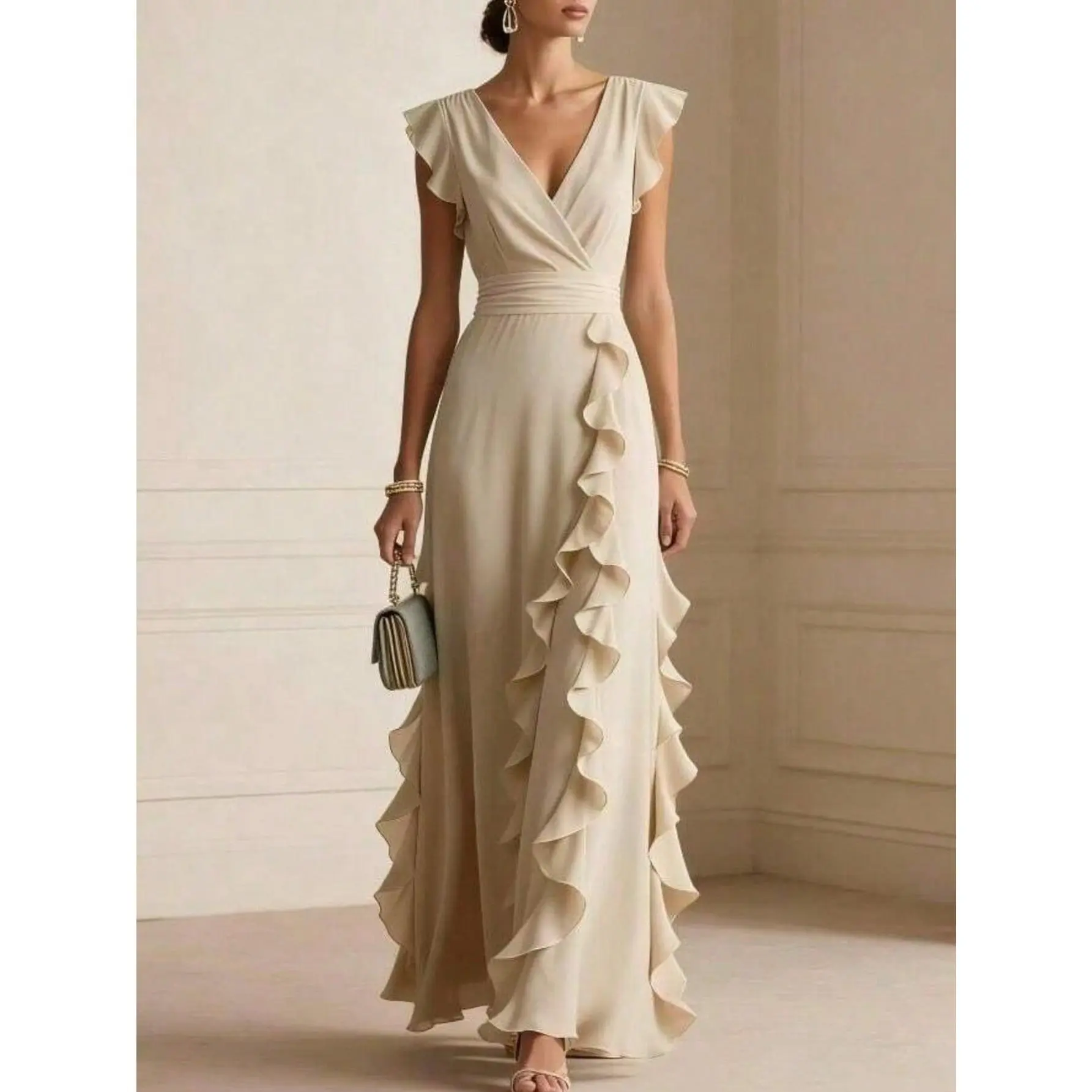 Women's Lightweight Woven Fabric Chiffon V-Neck Short Sleeve Pleated Maxi Dress, Elegant Asymmetrical Ruffle Hem Formal Gown That Fits Bridesmaid & Wedding Guest Dresses