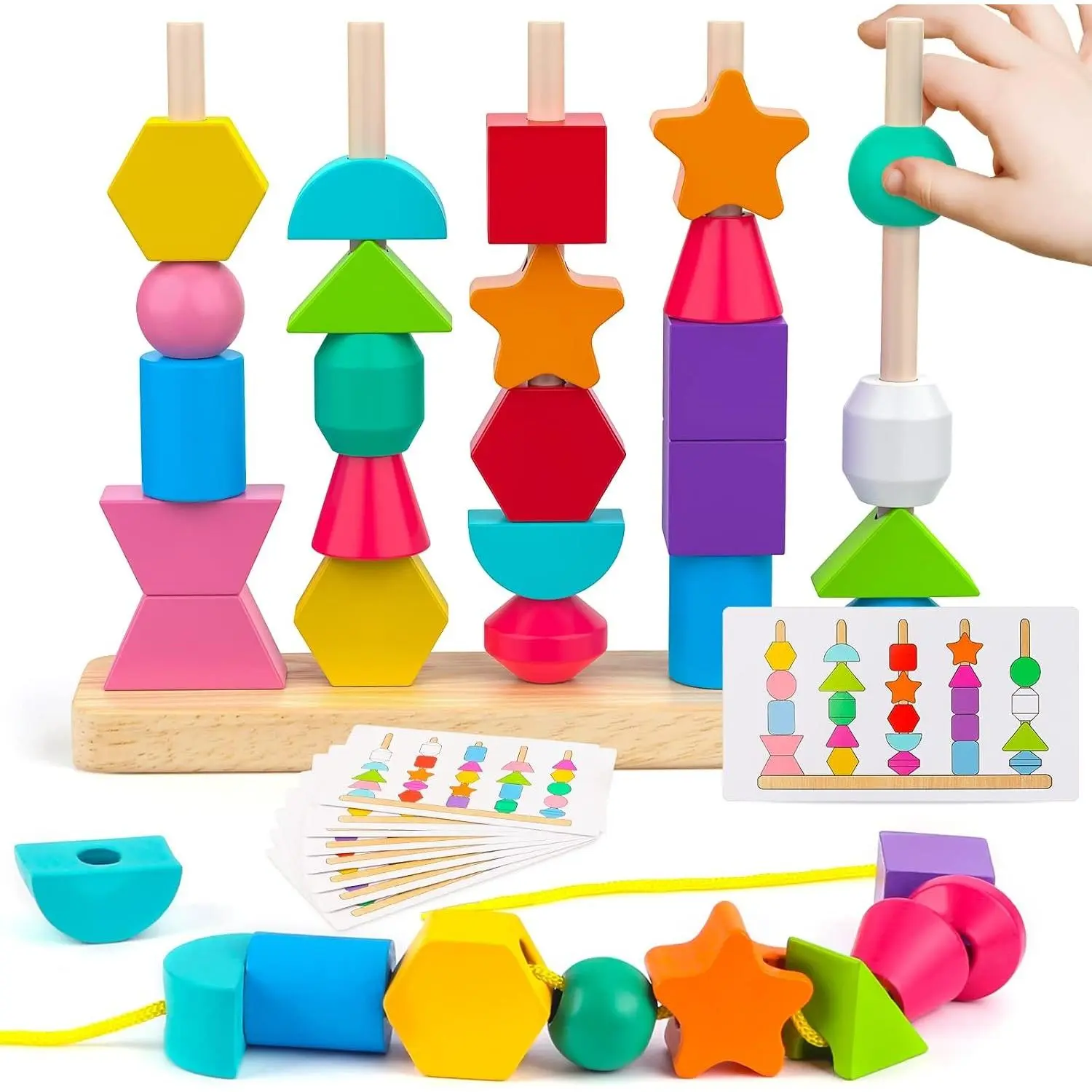 Montessori Wooden Beads Sequencing Toy Set, Stacking Blocks, Lacing Beads, Matching Shape Stacker for 2-5 Year Old STEM Preschool Learning Toys Gifts for Kids Boy Girl Toddler