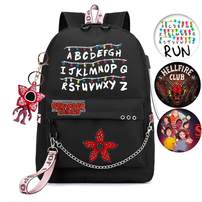 Stranger Things USB Backpack, Graphic Print Laptop School Bag with Chain Design, Large Capacity Travel Backpack for Students, Casual Campus Daypack