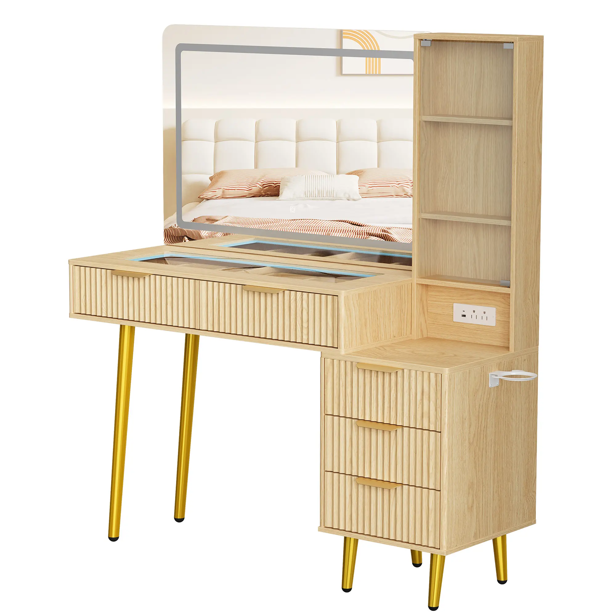Makeup Vanity Desk with Mirror, 48"W Large Dressing Table With 5 Drawers & Open Storage Shelves, Glass Top Makeup Vanity Table for Bedroom