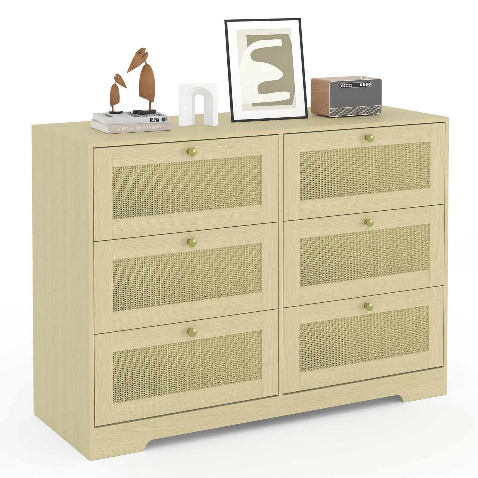 Boho Rattan Dresser with 6 Drawers - Sturdy Wood Legs, Metal Handles - Wicker Chest of Drawers for Bedroom, Living Room, Entryway