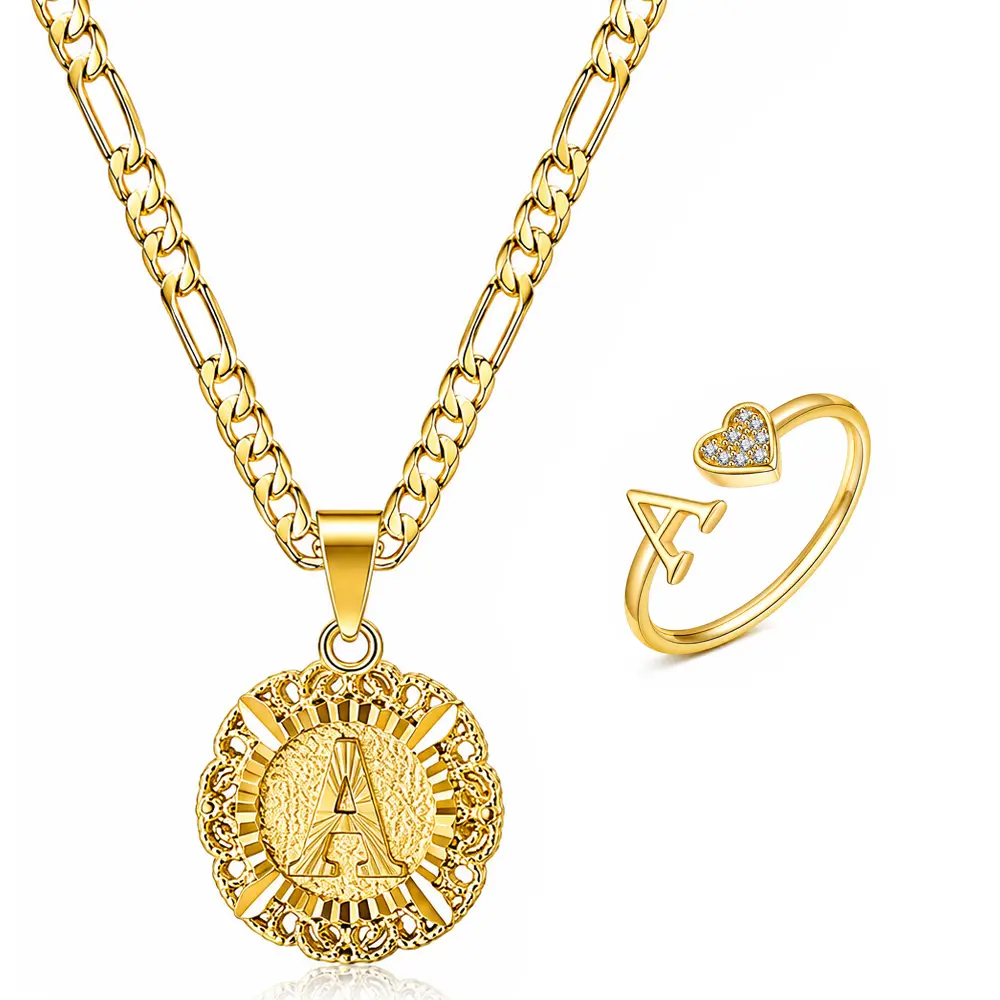 18K Gold Plated Necklace & Ring Set, Unisex A-Z Initial Pendant Figaro Chain Trendy Couple Necklace Personalized Adjustable Letter Rings Exquisite Shiny Cubic Zirconia Heart Non Tarnish Rings Holiday Gift Set