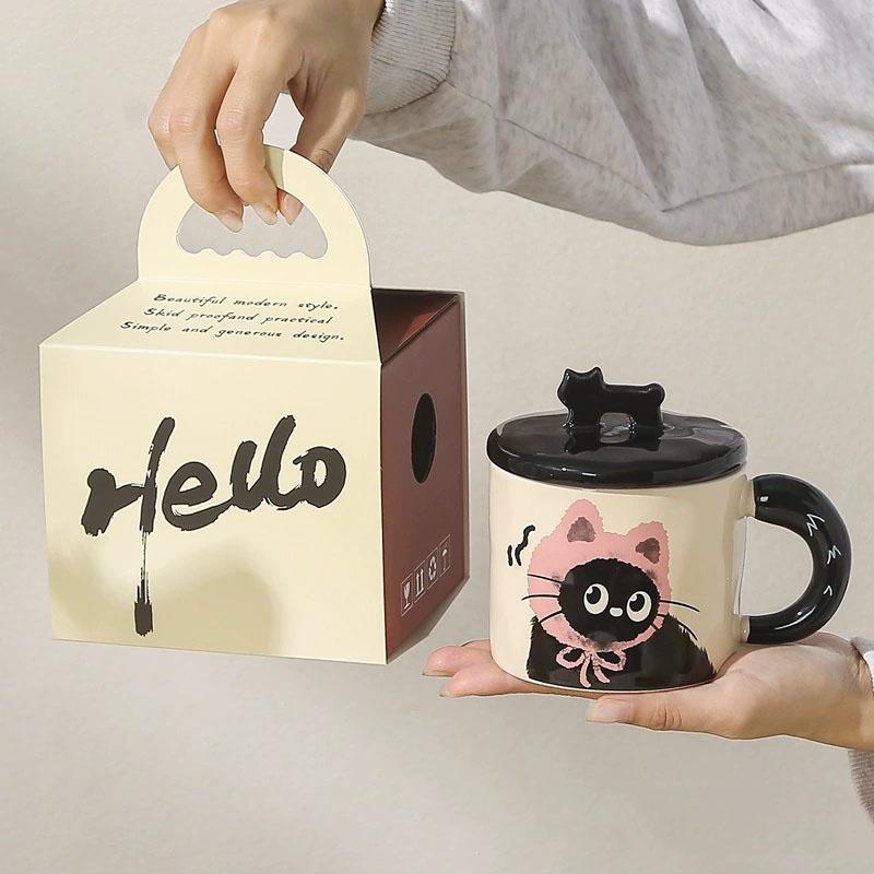 Cute Cat Pattern Ceramic Mug, 2 Counts/set Coffee Mugs with Lid & Spoon, Drinking Cup for Home Office Use, Gift for Girlfriend, Drinkware