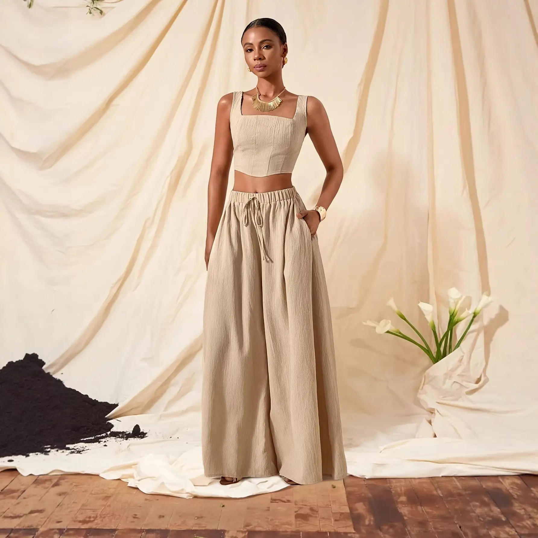 Women's 2 Piece Vacation Outfit Set, Fishbone Spaghetti Strap Cami Top & Wide Leg Trousers with Pockets, Casual Beach Holiday Wear