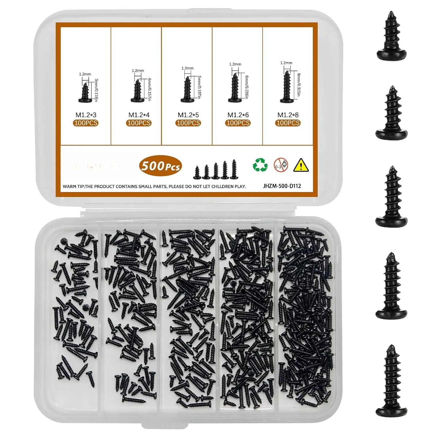500 count M1.2x3/4/5/6/8 Self-Tapping  Screws  Kit, Phillips Pan , Black Carbon Steel, 6 Sizes, for  Plastic and Soft Metal