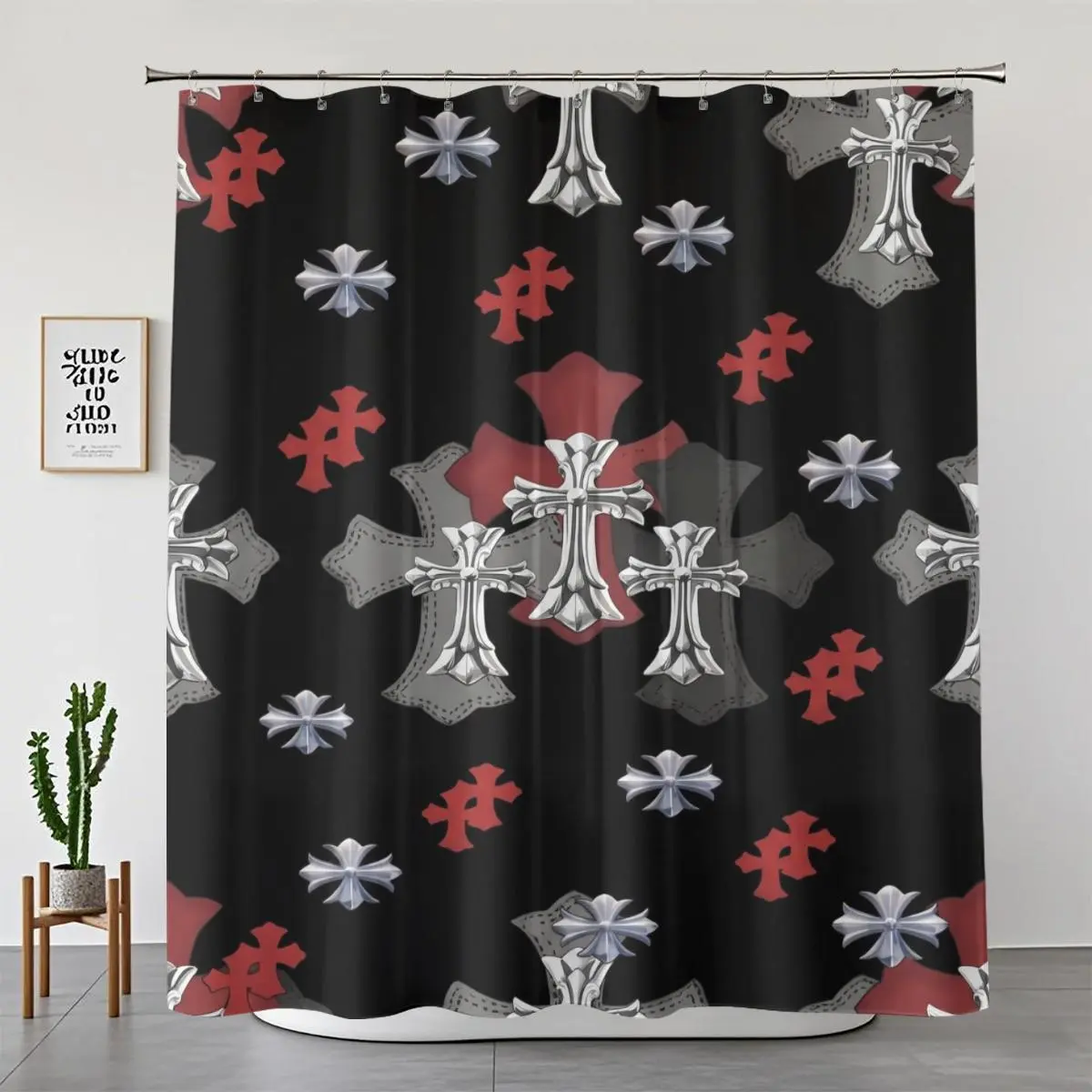 1/4pcs Gothic Cross Shower Curtain Set Silver Red Black Pattern Y2K Streetwear Dark Grunge Emo Punk Biker Alternative Croheart Pattern Shower Curtain Set, Suitable For Fashionable And Versatile Bathroom Decor