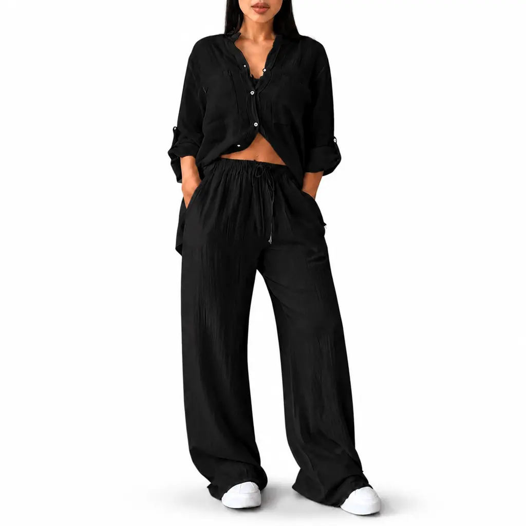 Yulabra Women’S Two-Piece Lounge Set – Cotton Shirt & Drawstring Wide Leg Pants