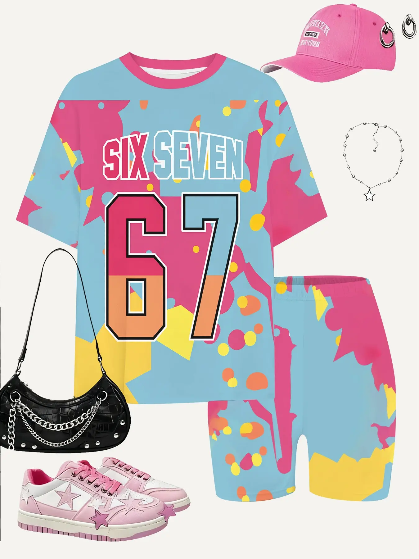 5-13Y Big Girls Colorful Camo Dot SIX SEVEN 67 Graffiti 2 Piece Tracksuit, Vibrant Y2K Short Sleeve Matching Outfit, Teen Street Summer Outfit