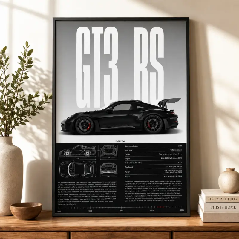 High-Performance GT3 RS Specification Framed Wall Art, Decorative Vehicle-Themed Artwork, Automotive Racing Design, Garage & Living Room Decor, Stylish Home Accent, Gift for Car Enthusiasts, Auto Fans