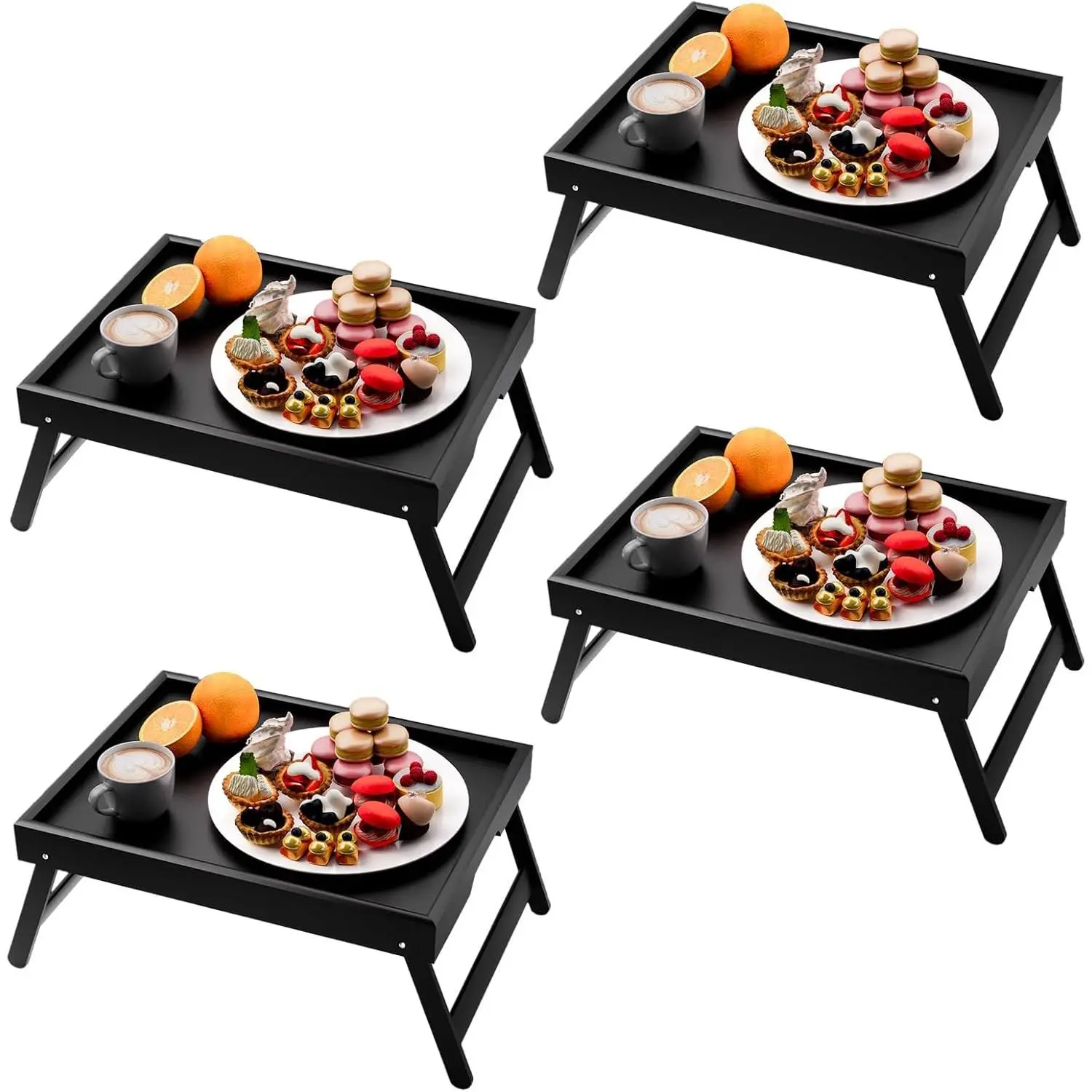 4 Pack Bamboo Bed Tray Table with Folding Legs,Breakfast Trays,Serving Tray,Laptop Trays for Working,Food Snack Tray for Bed and Sofa(Black)
