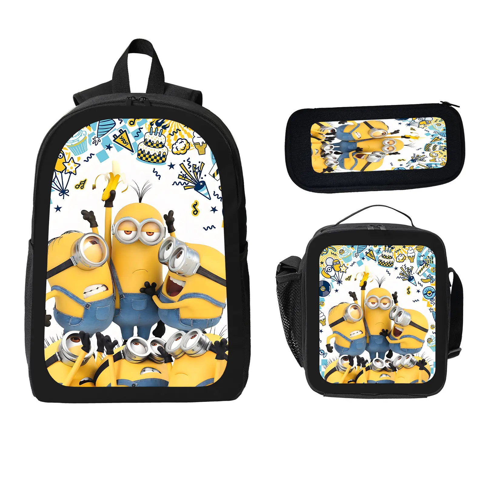 Minions 3 Pcs School Backpack Set for Boys Girls Kids, Large Capacity Bookbag with Insulated Lunch Bag Pencil Case, Water Resistant Travel Daypack for Elementary Middle School d-71
