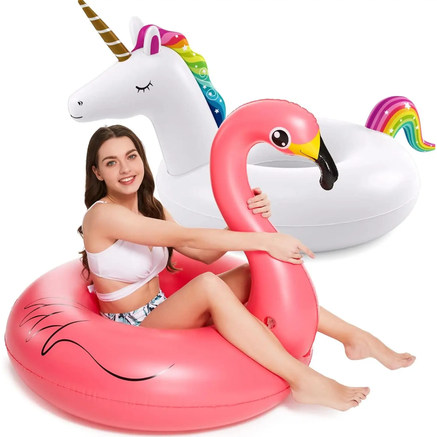 2 Pack Unicorn Flamingo Pool Floaties - Inflatables Rafts for Swimming, Lake, Beach - Floaty Swim Rings for Adults, Kids