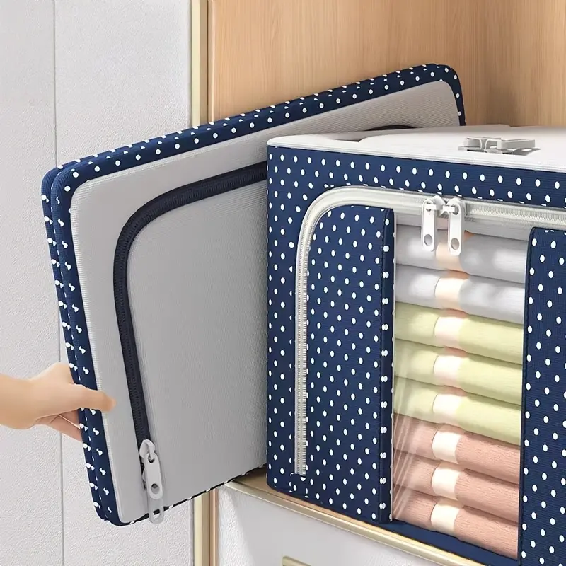 Stackable Clothes Storage Bins, Sturdy Foldable Clothes Organizer Boxes, Oxford Fabric Collapsible Storage Bins, with Zippers, Clear Window, Reinforced Handles, Shape-Retaining Metal Frame, Lidded Storage Containers for Wardrobes and Bedrooms, Ideal for H