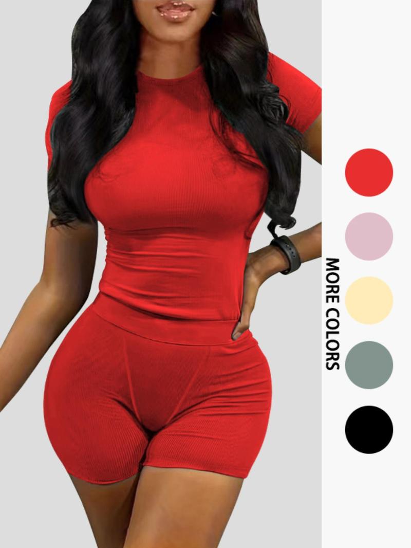 Women's Solid Ribbed Top & Skinny Shorts Set, Casual Comfy Round Neck Tee & Shorts For Yoga Gym Workout, Ladies Summer Clothes, Casual Activewear