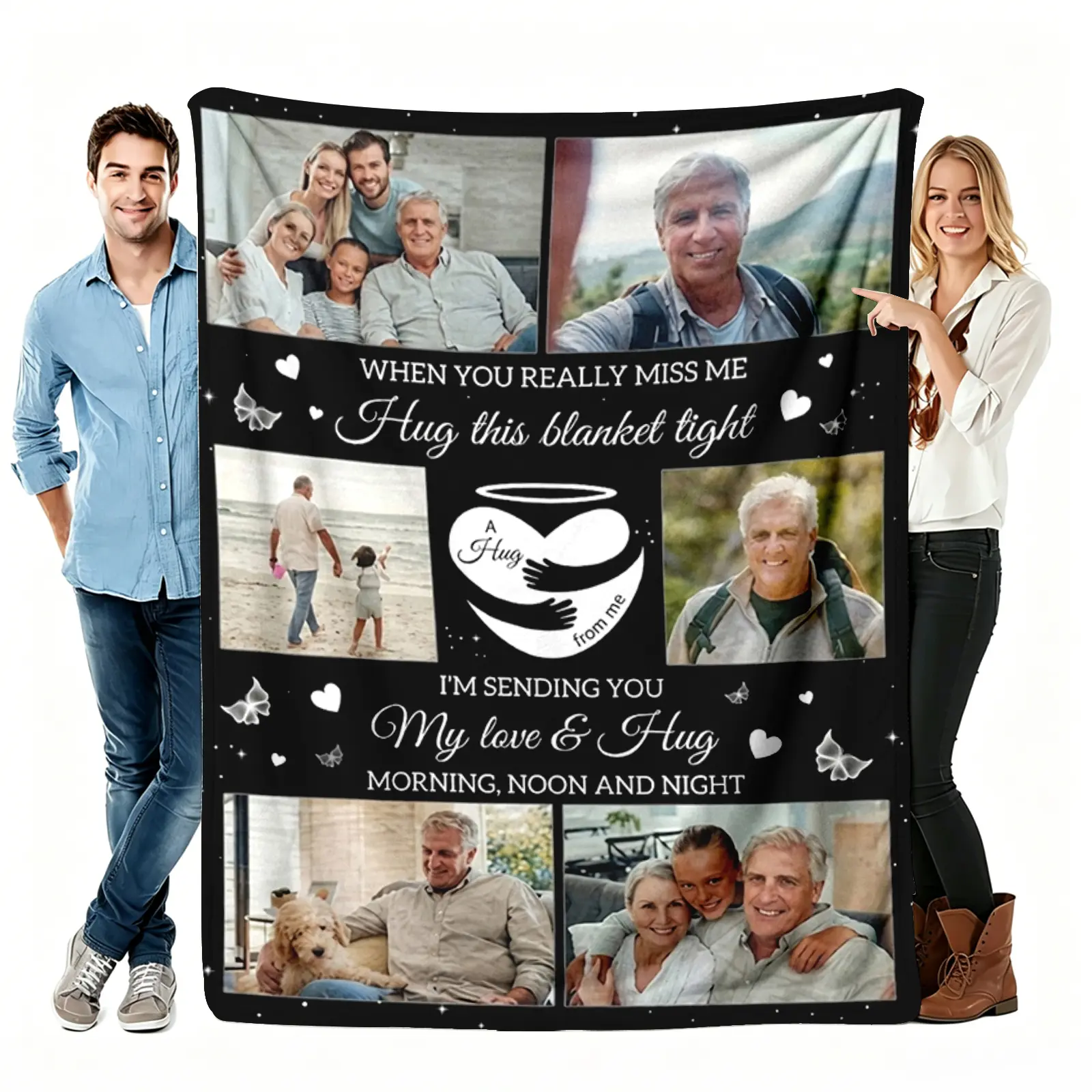 Custom Photo Throw Blanket - 6-Picture Memorial Flannel, Soft Cozy Warm, Heart Butterfly Design, Sympathy Remembrance Keepsake Gift, Wrinkle Resistant, Breathable, Durable, Fade Resistant, Machine Washable Couch Bedroom Decor