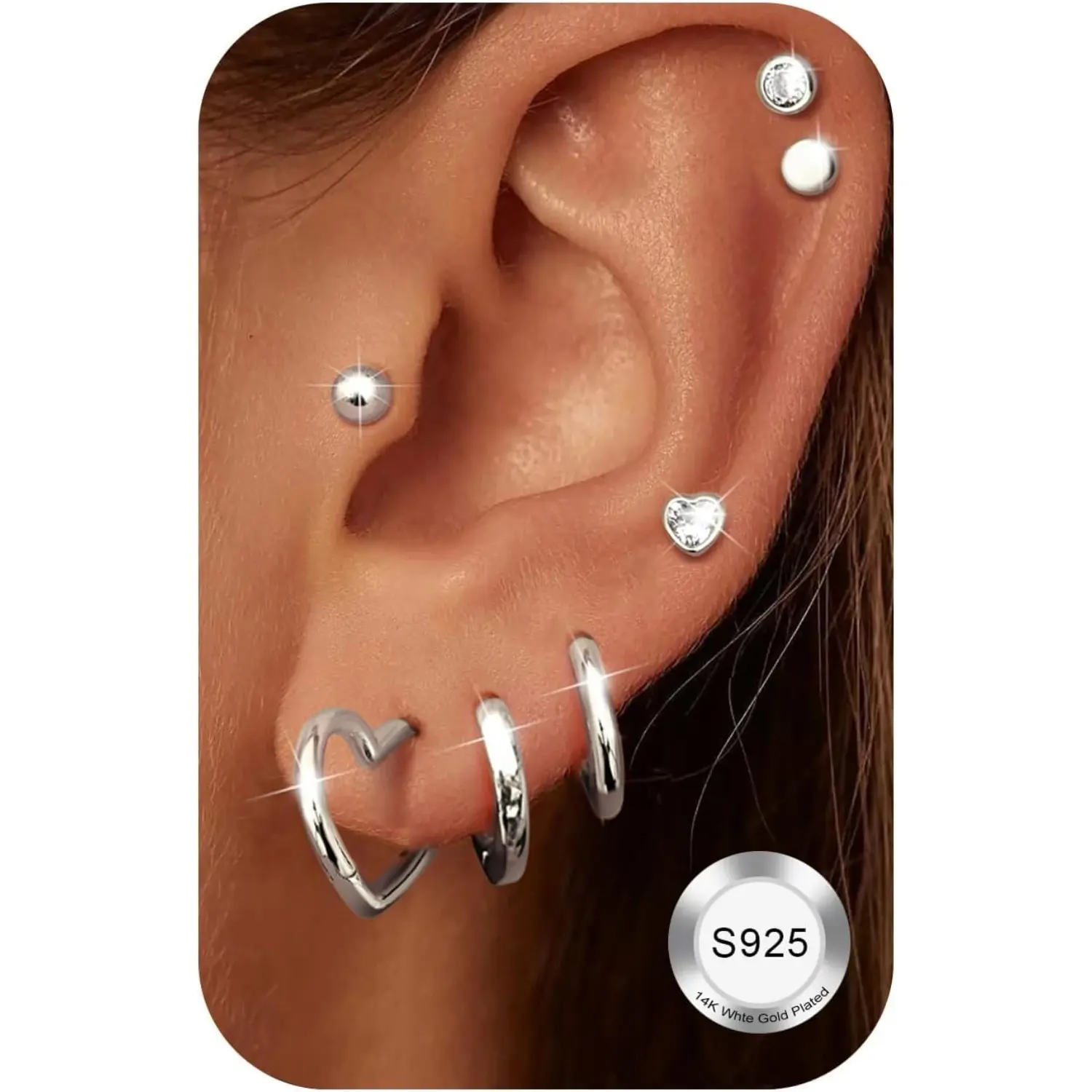 Women's 7-Pair 925 Sterling Silver Earring Set - Hypoallergenic Tiny Studs, Huggie & Sleeper Hoops, Stackable Jewelry for Multiple Ear Piercings, Daily Wear, Unisex