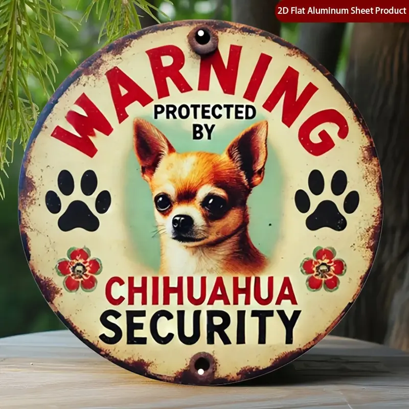 2D Flat, 1pc Chihuahua Security Warning Sign - Vintage Metal Dog Decoration with Chihuahua Security Text & Paw Prints, Rustic Aluminum Wall Art for Home, Garage, Cafe, Pet Store - Funny Chihuahua Dog Sign (Easy Mount), 2D Flat, Metal Signs, Metal Signs Fu