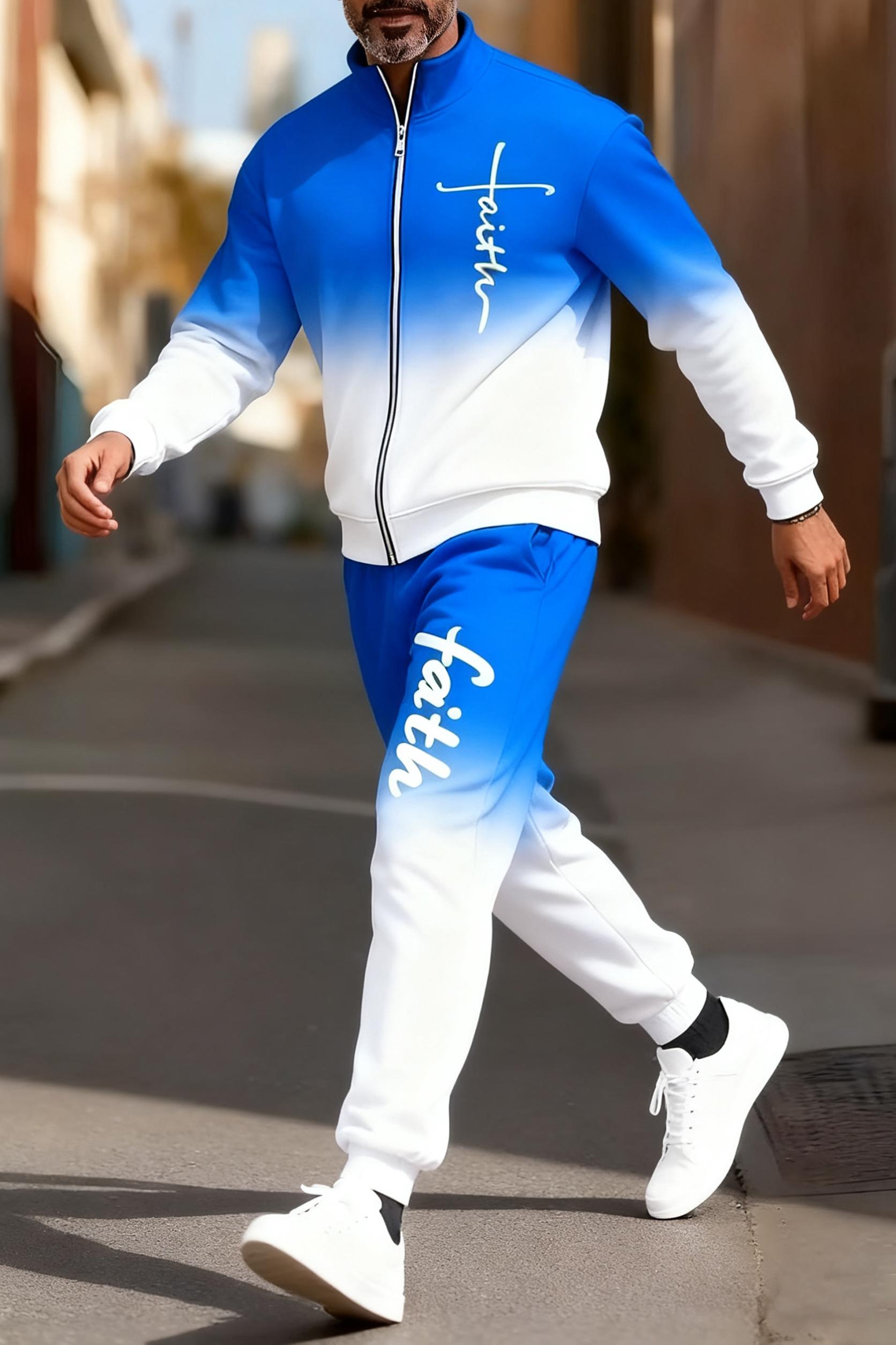 Men's fashionable and casual sportswear featuring a gradient digital print, including a stand-up collar cardigan jacket and pants, making it a two-piece set suitable for daily casual wear and trendy gradient sportswear series, Sporty Style Breathable Acti