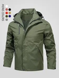 Autumn and winter thin loose jacket, men's detachable hooded jacket, lightweight outdoor hiking jacket, multi zipper pocket casual workwear tactical top, windproof and waterproof assault jacket