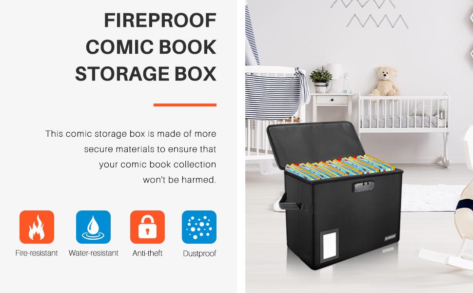 Comic Book Storage Box, Fireproof & Water-Resistant with Lock and Label Window, Moistureproof, Holds 150-175 Comics, Black