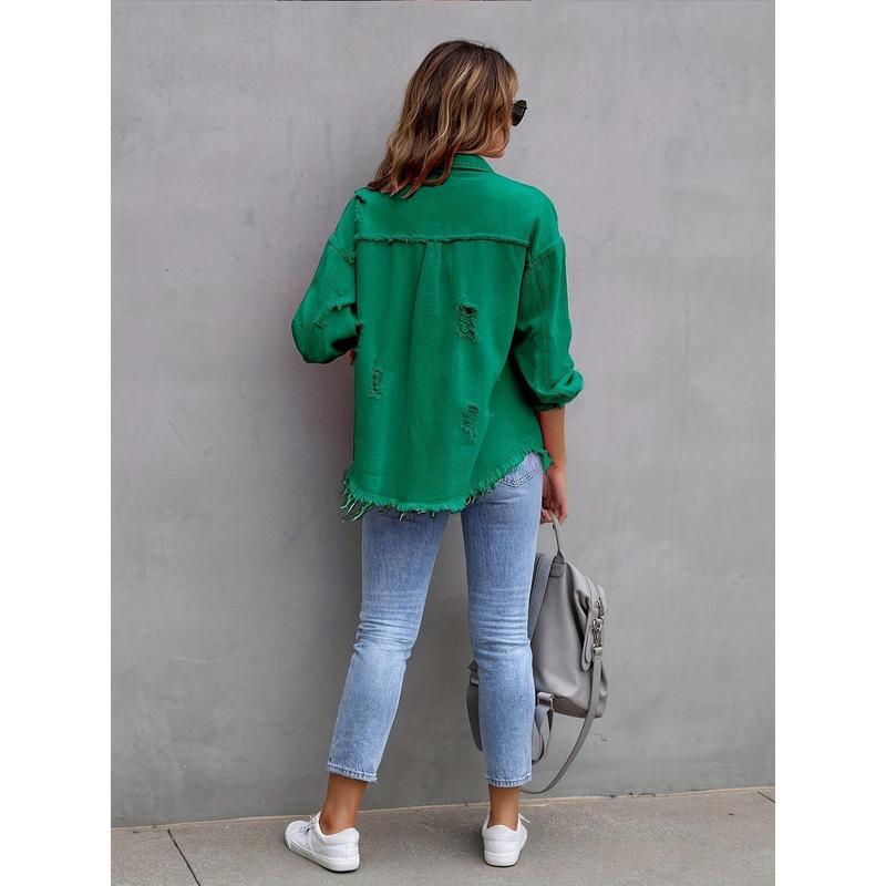 Womenswear Solid color mid-length ripped long sleeve denim jacket distressed shacket Fashion Casual Comfort denim bomber jacket Tops Shirt Vintage Coat