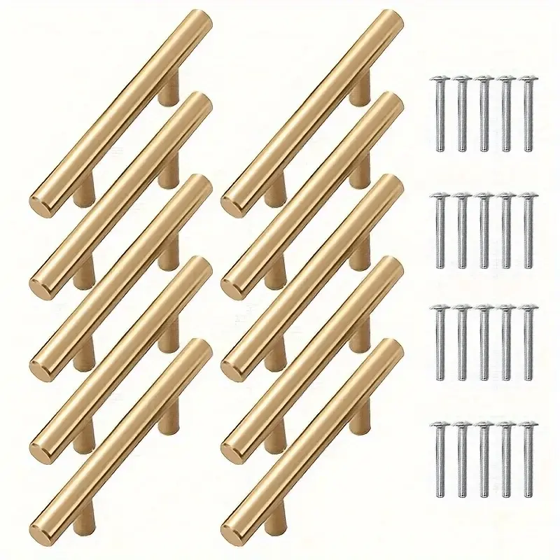 8pcs Elegant Gold Cabinet Handles, Stainless Steel Brushed Plated Handles, Powder Coated, Includes Mounting Screws, Easy to Install, Durable Kitchen Drwer Handles, Cabinet Handles