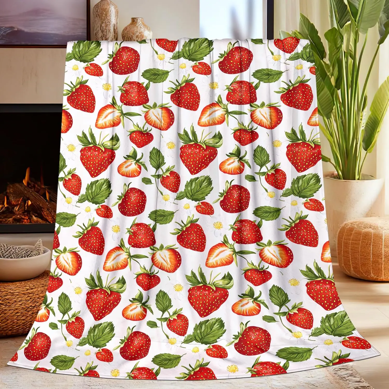 【Summer Sale Deals】Strawberry Blanket Gifts for Women Girls Kids Adults, Super Soft Vintage Rustic Strawberry Stuff Blanket Gifts for Women, Warm Cozy Flannel Blankets for Sofa Couch Bedding