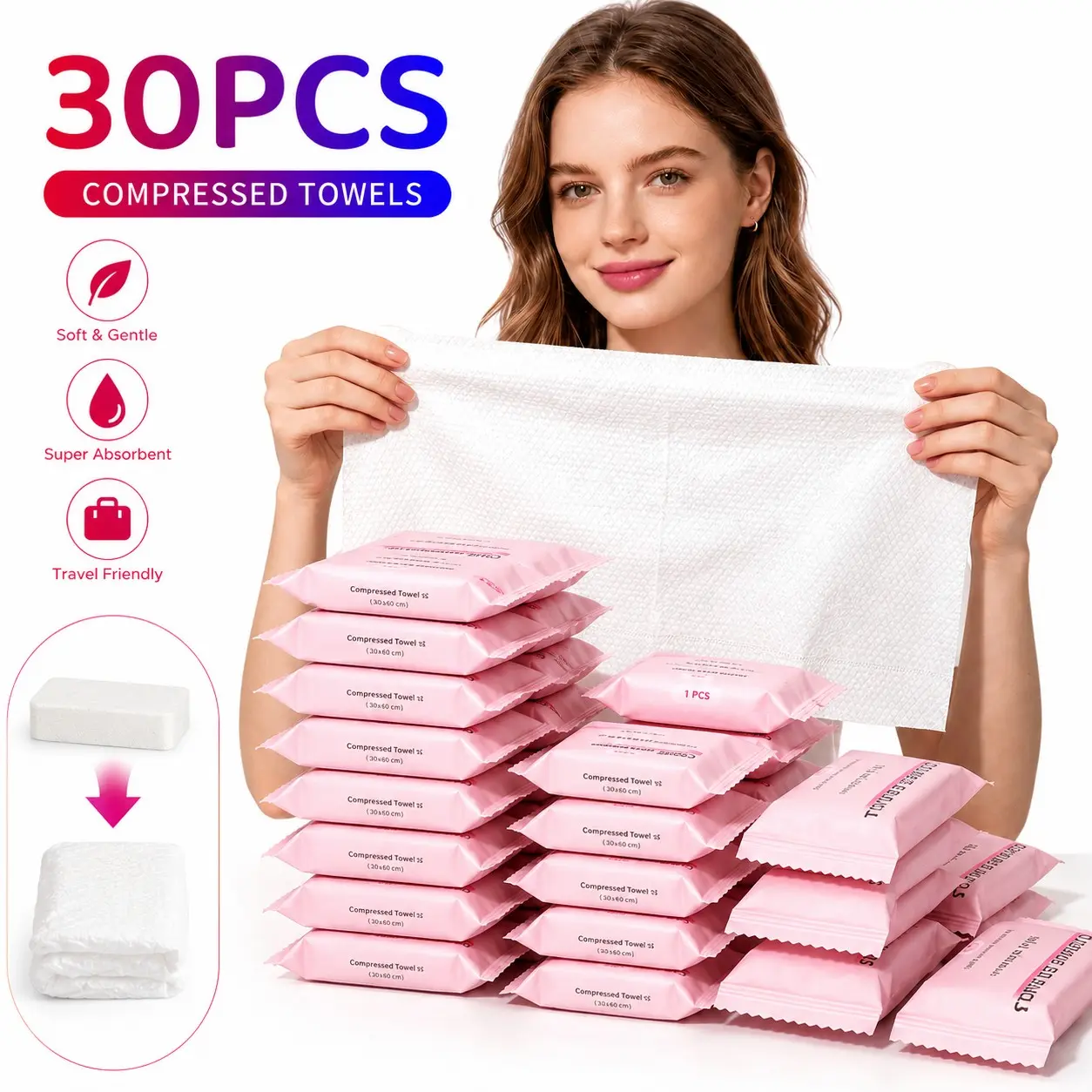 Extra Large Compressed Towels,Disposable Towel Thicker, Absorbent, Portable Compressed Towel(9.4" x11.8") 30/60/90 Bulk Set Disposable Compressed Washcloths for Travel, Camping & Personal Use, Soft Compressed Face Towels for Daily Use & Camping Essentials