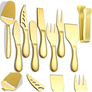 Stainless Steel Gold 12 Piece Cheese Tool Set Includes Cheese Knife Cheese Markers Butter Spreader Slicer Mini Tongs Great Gift for Birthday Wedding Christmas