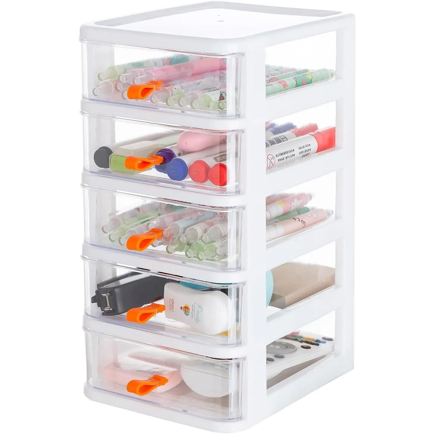 5 Drawer Mini Stackable Storage Drawers, Clear/White Frame |   Plastic Dressers with Drawers, For Arts and Crafts, Small Tools, Sewing Accessories, Stationary and Hardware
