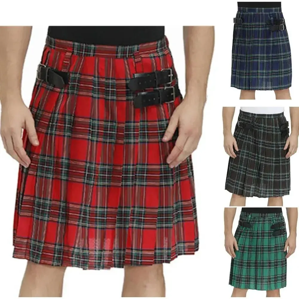 Scottish Mens Traditional Kilt with Bilateral Belt Highland Tartan Pleated Male Gothic Punk Hip-hop Avant Garde Pants Skirts