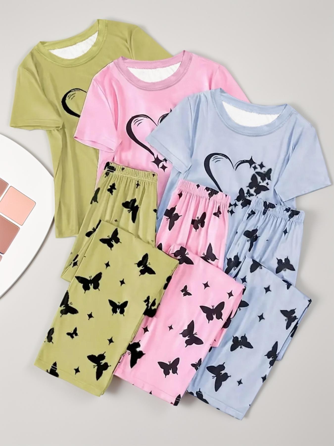 6 Counts Women's Heart & Butterfly Print Pyjama Set, Short Sleeve Tee & Elastic Waist Pants Loungewear Set, Women Cute Nightwear, PJ Sets for Women, Summer Outfits 2024, Pajama Set