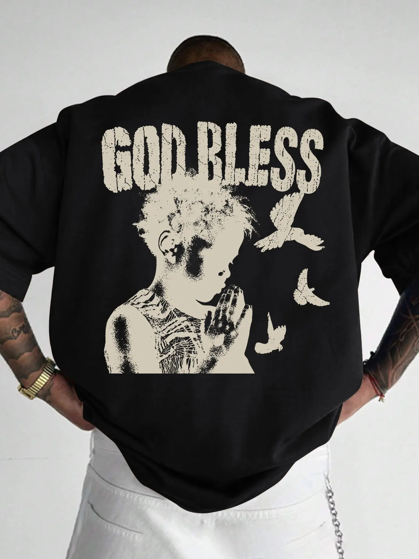 God Bless Person Print Design Summer Short Sleeve T-Shirt, Street Style Fitted H-Type Tee, Casual Fashion for Men and Women